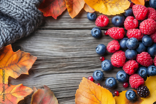 Charming autumn flat lay frame featuring a spread of fresh berries including raspberries, blueberries, and strawberries on a wooden surface
