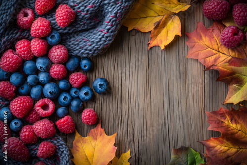 Charming autumn flat lay frame featuring a spread of fresh berries including raspberries, blueberries, and strawberries on a wooden surface, surrounded by colorful autumn leaves.