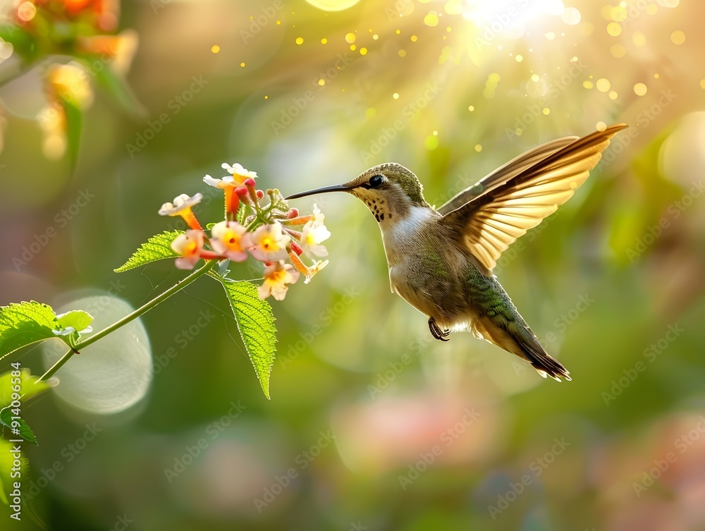 Fototapeta premium Delicate Hummingbird Feeding on Vibrant Flower in Lush Garden
