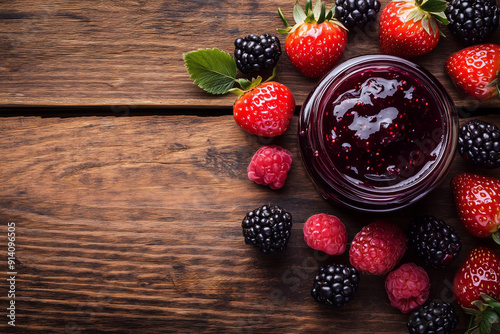 Autumnal flat lay featuring a small glass jar filled with homemade berry jam surrounded by fresh berries like strawberries, raspberries, and blackberries, all set on a rustic wooden surface.