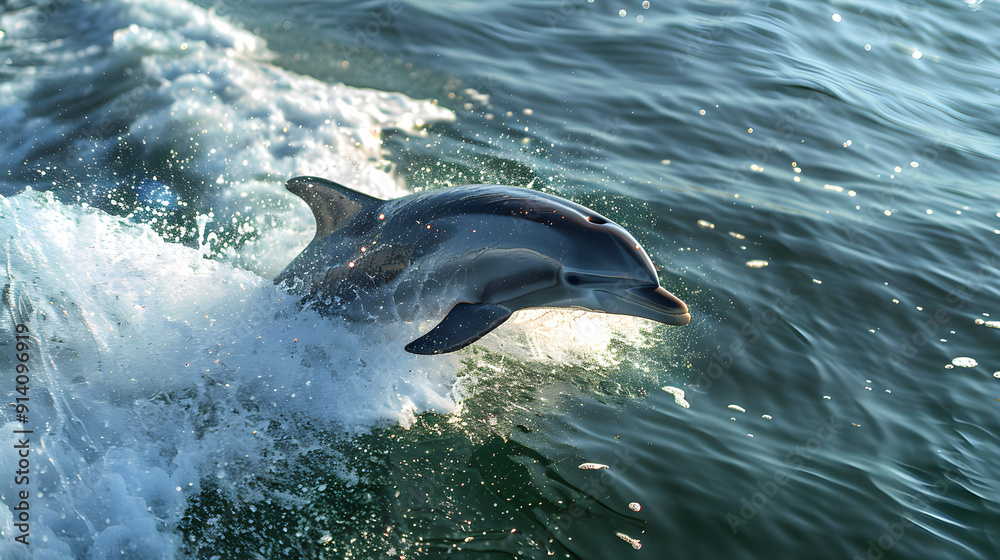 Fototapeta premium dolphin chasing small boat waves in a vast ocean, under a clear blue sky.
