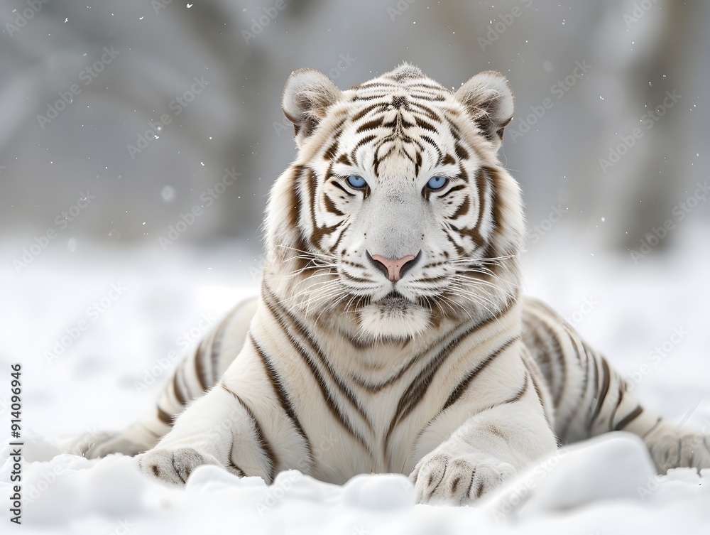 Fototapeta premium Majestic White Tiger Blending into Snowy Surroundings in Captivating Wildlife Portrait