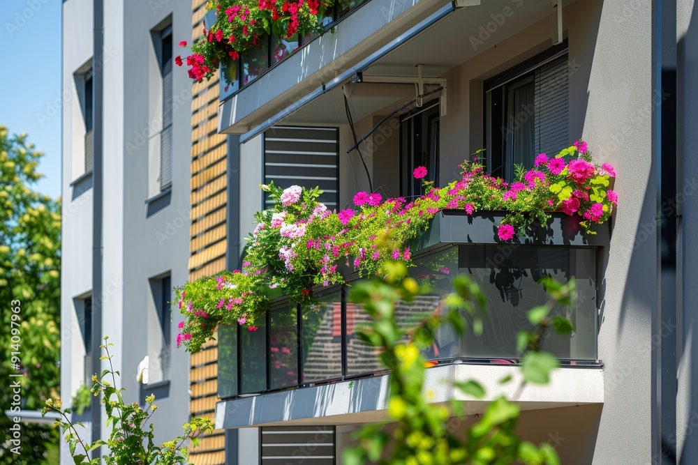 Modern apartment building in Germany with flower pots on balconies sun protection blinds and awning windows Modern apartment building in Germany with flower pots on balconies sun protection blinds and awning windows