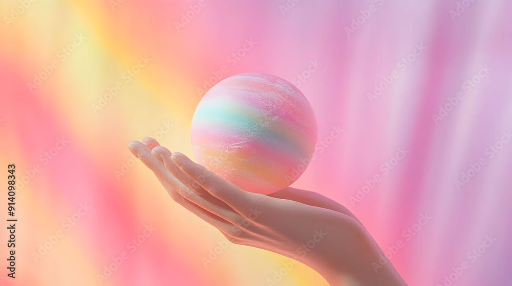 Naklejka premium Hand Holding Soap Ball with Rainbow Background, 3D Render