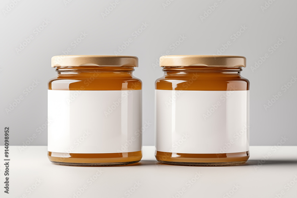honey glass jars with blank labels isolated on grey background honey glass jars with blank labels isolated on grey background