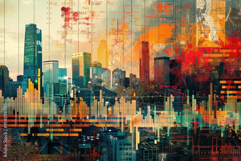Abstract Cityscape with Stock Market Data Overlay Abstract Cityscape with Stock Market Data Overlay