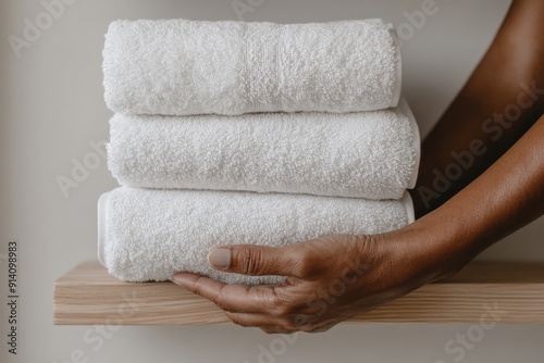 A person's hands arranging neatly stacked white towels on a clean and minimalist shelf, emphasizing tidiness and orderliness in a stylish home decor setup. photo