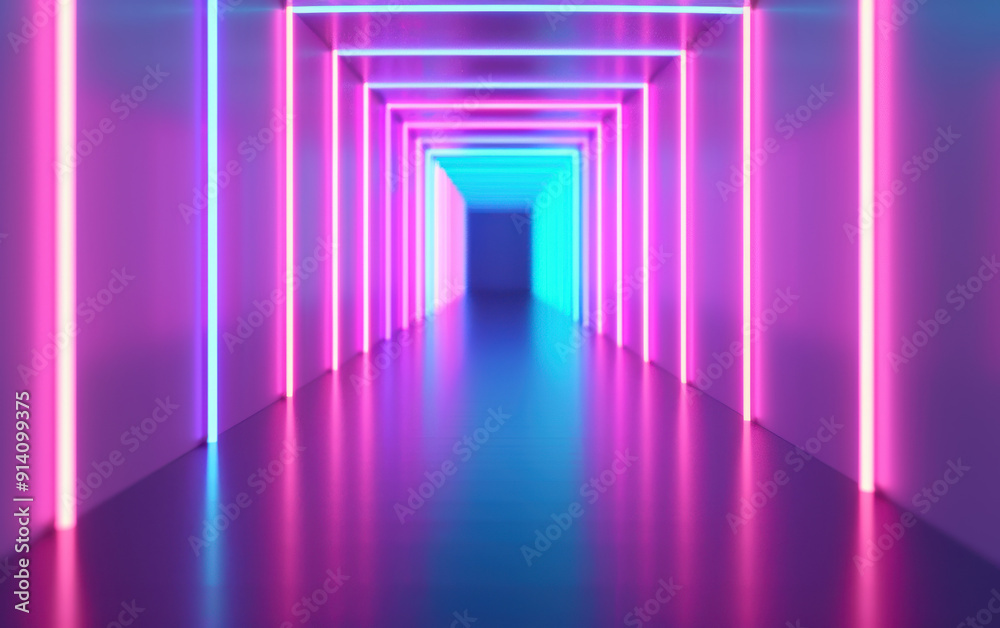 Modern art installation with vibrant pink and blue neon lights forming an infinite geometric tunnel, creating a futuristic and mesmerizing visual effect. Modern art installation with vibrant pink and blue neon lights forming an infinite geometric tunnel, creating a futuristic and mesmerizing visual effect.