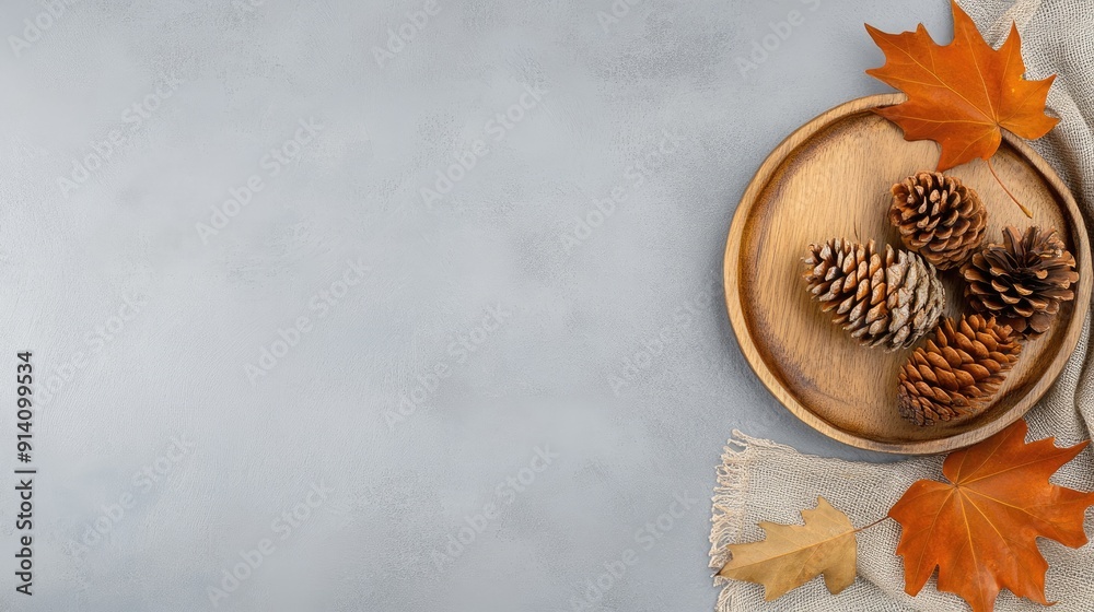 A rustic display of pine cones arranged in a round bowl surrounded by dried autumn leaves on a white fabric surface A rustic display of pine cones arranged in a round bowl surrounded by dried autumn leaves on a white fabric surface