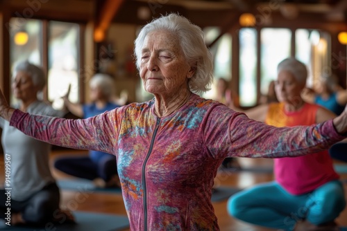 An elderly lady engages in a yoga practice session, sitting in a cross-legged position, wearing a colorful top, inside a well-lit studio with other participants in the background. photo