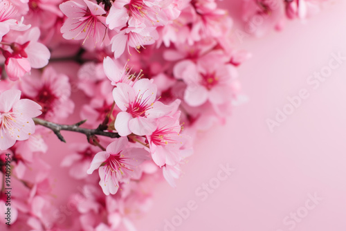 Beautiful close-up of vibrant pink cherry blossoms in full bloom against a soft pastel background, showcasing springtime beauty and delicate petals.