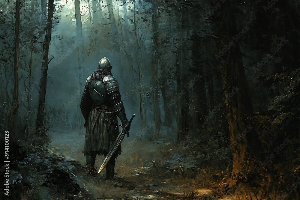 Medieval Knight on a Quest: Brave Warrior Journeying Through Mysterious Dark Forest - Fantasy Illustration Medieval Knight on a Quest: Brave Warrior Journeying Through Mysterious Dark Forest - Fantasy Illustration