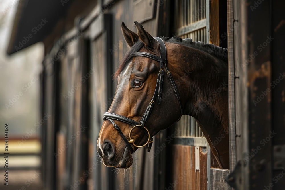 Fototapeta premium Racehorse with bridle in stall