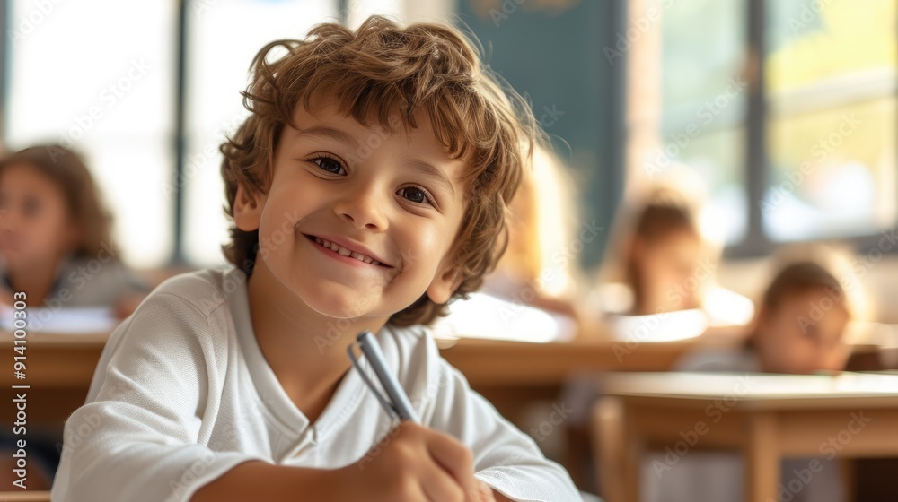Young Student Smiling While Writing in Class Young Student Smiling While Writing in Class