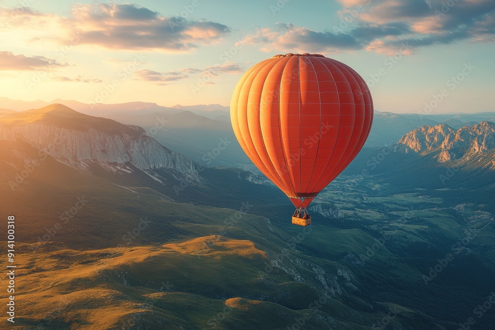 Fototapeta premium An air balloon flying over mountain. Generative AI
