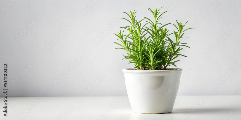 Delicate green shoots of a small rosemary plant sprout from a white flowerpot against a pristine white background, epitomizing the joy of growing spices at home. Delicate green shoots of a small rosemary plant sprout from a white flowerpot against a pristine white background, epitomizing the joy of growing spices at home.