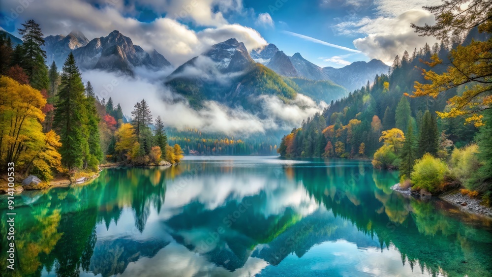 Serene turquoise lake nestled in the misty Bavarian Alps on a crisp autumn morning, surrounded by lush foliage and towering peaks, awaiting winter's snowfall. Serene turquoise lake nestled in the misty Bavarian Alps on a crisp autumn morning, surrounded by lush foliage and towering peaks, awaiting winter's snowfall.