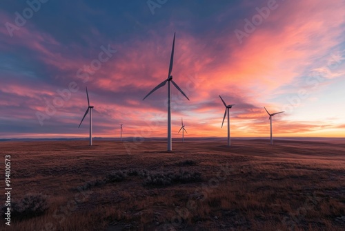 Wind turbines stand tall against a stunning sunset backdrop, highlighting sustainable energy solutions in a serene, open landscape with colorful skies and vast fields.