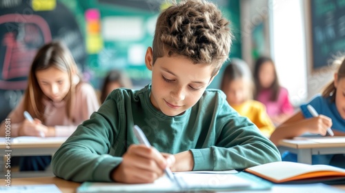 Young Learner Writing Notes in Bright Classroom