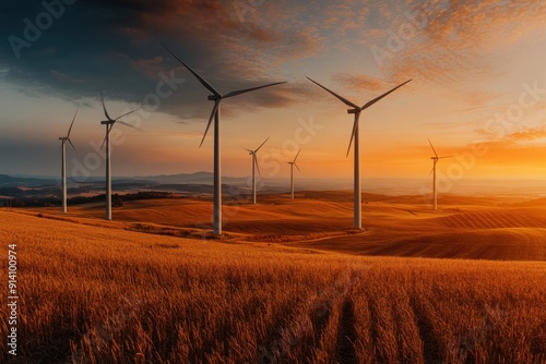 Golden fields stretch towards tall wind turbines under a twilight sky, harmonizing the natural landscape with the technological advancements in renewable energy generation.