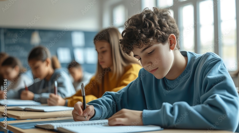 Smiling School Boy Writing in Classroom with Friends Smiling School Boy Writing in Classroom with Friends