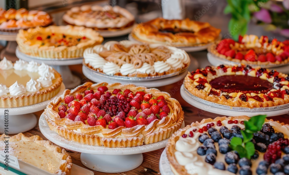 Assorted fresh fruit pies and tarts displayed on cake stands at a bakery Assorted fresh fruit pies and tarts displayed on cake stands at a bakery