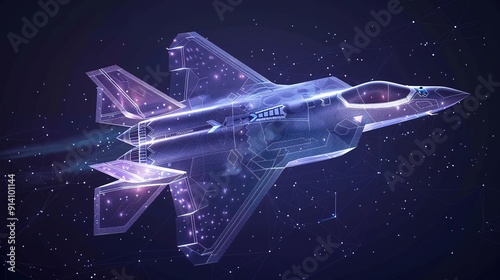 A hologram fighter. A military aircraft made of polygons, triangles of dots and lines. Fighter low-poly compound structure