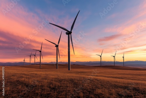 A majestic sunset spreads vibrant colors across a field dotted with wind turbines, representing the shift towards renewable energy and a sustainable future. photo