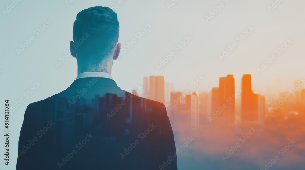 A back view of a professional in a suit looking at a modern city skyline, symbolizing business success, entrepreneurship, and future ambitions. A back view of a professional in a suit looking at a modern city skyline, symbolizing business success, entrepreneurship, and future ambitions.