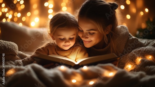 Parent Engages Child With Storybook Reading in Cozy Bedtime Atmosphere Surrounded by Warm Lights photo