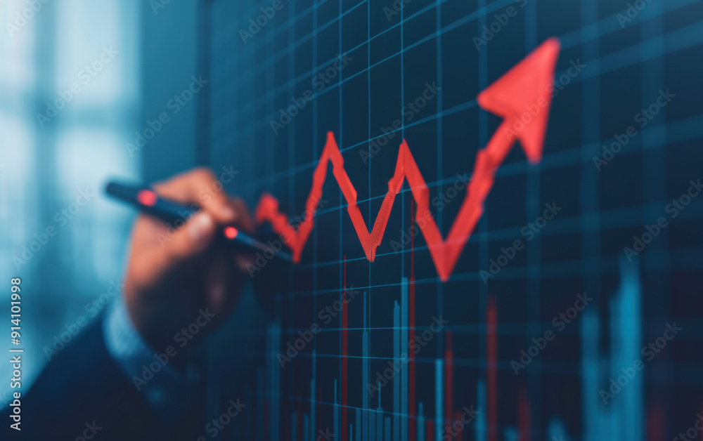 A businessman analyzing a financial chart with a red upward arrow, symbolizing growth, success, and progress in the business market. A businessman analyzing a financial chart with a red upward arrow, symbolizing growth, success, and progress in the business market.