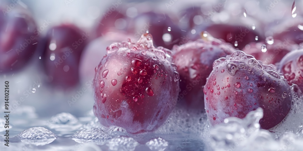 Close-up of fresh plums with water droplets on a bubbly surface, creating a vibrant and refreshing appearance Close-up of fresh plums with water droplets on a bubbly surface, creating a vibrant and refreshing appearance