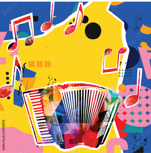  Musical notes on colorful backdrop. Colorful accordion design poster