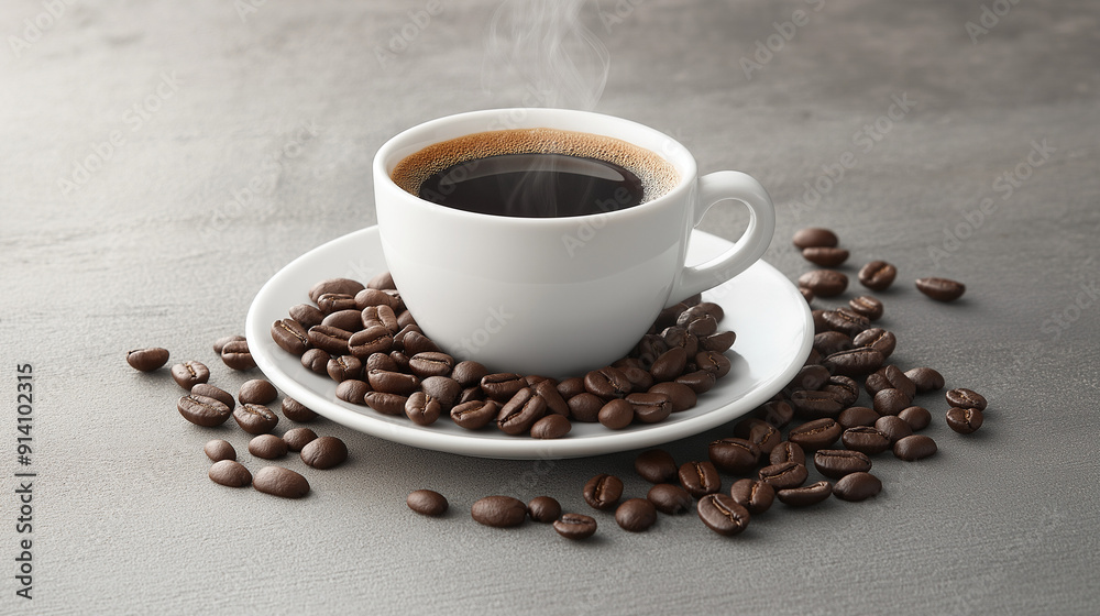 A white ceramic cup filled with steaming black coffee placed on a white saucer. Surrounding the saucer is a pile of roasted coffee beans, predominantly brown with some darker and lighter shades A white ceramic cup filled with steaming black coffee placed on a white saucer. Surrounding the saucer is a pile of roasted coffee beans, predominantly brown with some darker and lighter shades