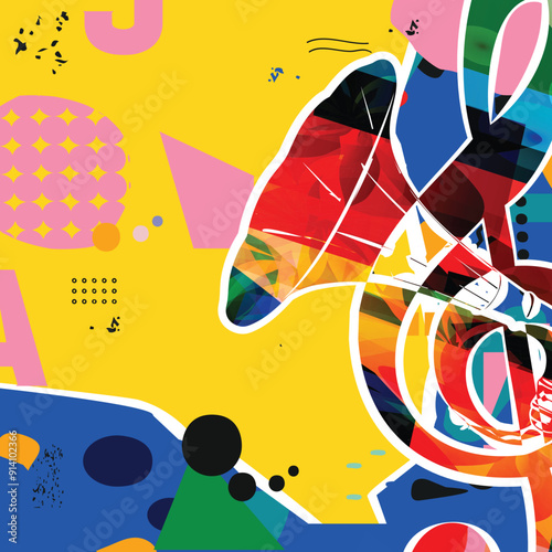 Colorful G-clef with gramophone horn isolated vector illustration design. Music background. Retro phonograph horn with music notes, music festival poster, concert events, party flyer