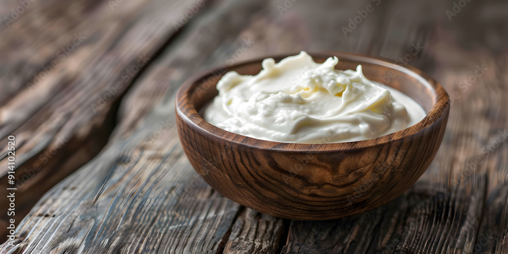A bowl of sour cream is shown in a wooden bowl A bowl of sour cream is shown in a wooden bowl