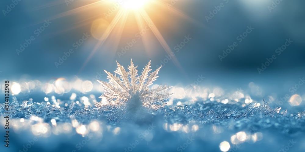 A close-up of a delicate ice crystal surrounded by shimmering frost, illuminated by soft sunlight in a blue-toned atmosphere A close-up of a delicate ice crystal surrounded by shimmering frost, illuminated by soft sunlight in a blue-toned atmosphere
