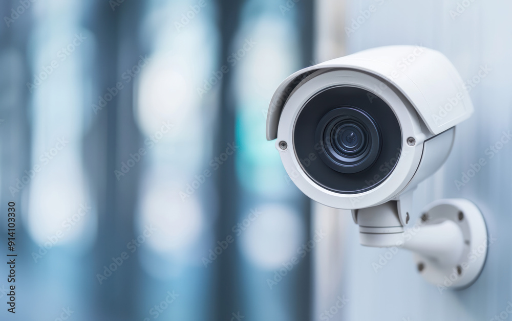 Close-up of a white security camera mounted on a wall, monitoring a modern interior space with blurred background. Close-up of a white security camera mounted on a wall, monitoring a modern interior space with blurred background.