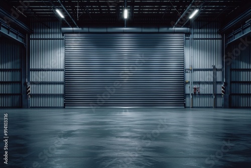 Roller door or shutter for industrial buildings with polished concrete floors and closed doors for display or background