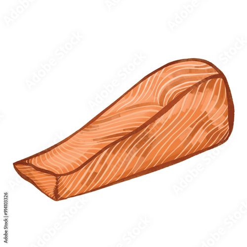 One piece of baked salmon fillet meat illustration isolated on square white background. Colorful illustration with cartoon art styled drawing.