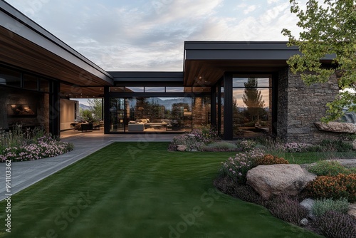 Modern architecturally designed home with large glass windows and expansive green lawn area, surrounded by landscaping featuring rocks, trees, and garden plants. photo