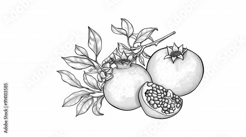 Artistic line drawing of fresh pomegranate fruit