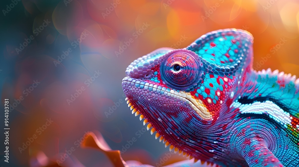 Vibrant Chameleon Blending into Colorful Surroundings with Independent Eyes Scanning the Environment