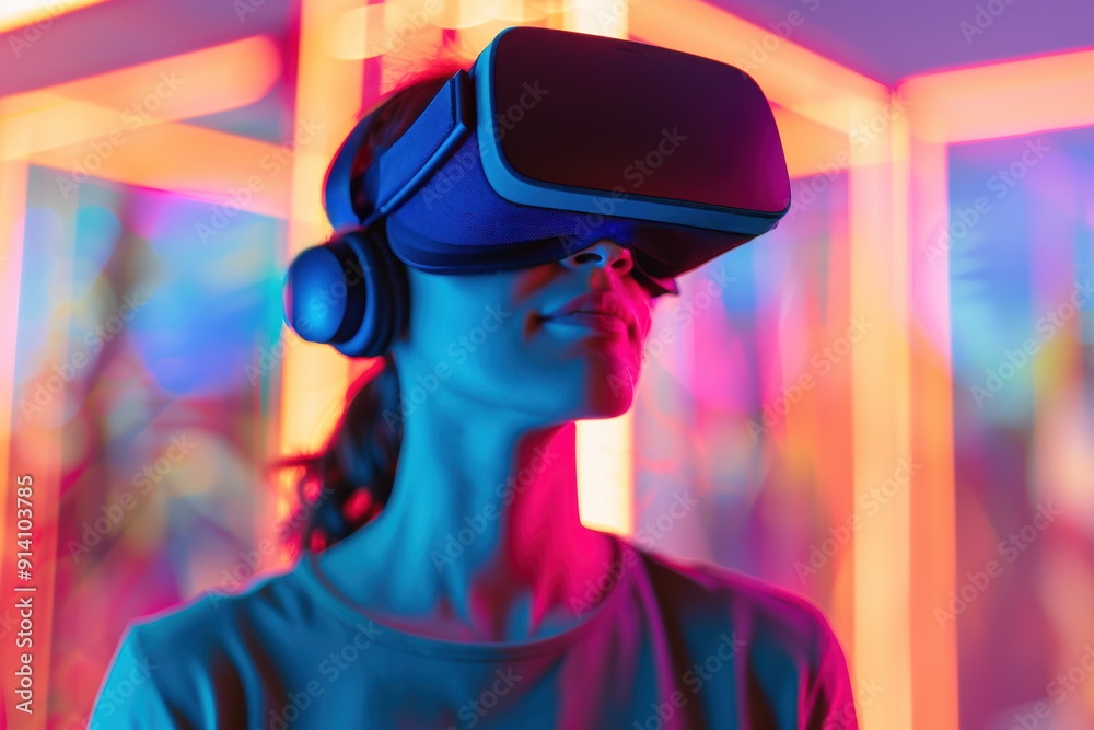 Woman in VR headset experiencing virtual reality with colorful neon lights in the background.