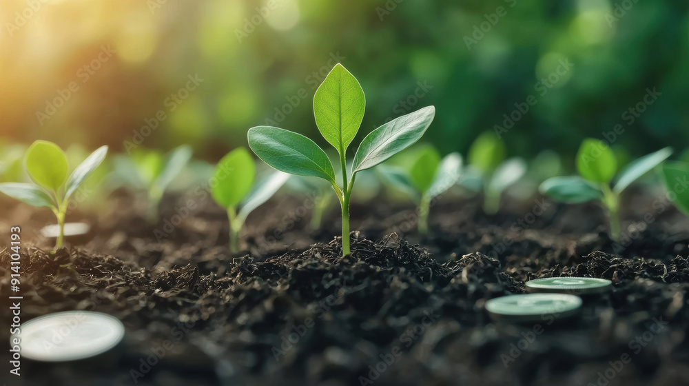 Young green plant sprouting from soil with sunlight in background, symbolizing growth, nature, and sustainability. Coins scattered around. Young green plant sprouting from soil with sunlight in background, symbolizing growth, nature, and sustainability. Coins scattered around.