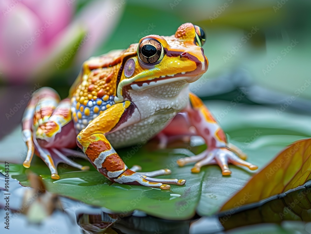 Vibrant Frog Sitting on Lush Lily Pad in Natural Habitat Vibrant Frog Sitting on Lush Lily Pad in Natural Habitat