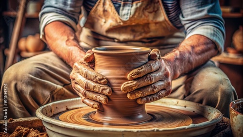 A close-up of a skilled craftsman's dirty, clay-stained male hands shaping a mug on a potter's wheel, surrounded by ceramic scraps and dust. photo