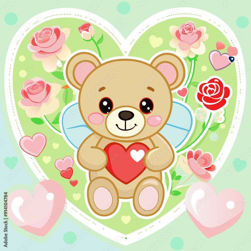 Cute Angel Bear with Heart and Roses for Valentine's Day