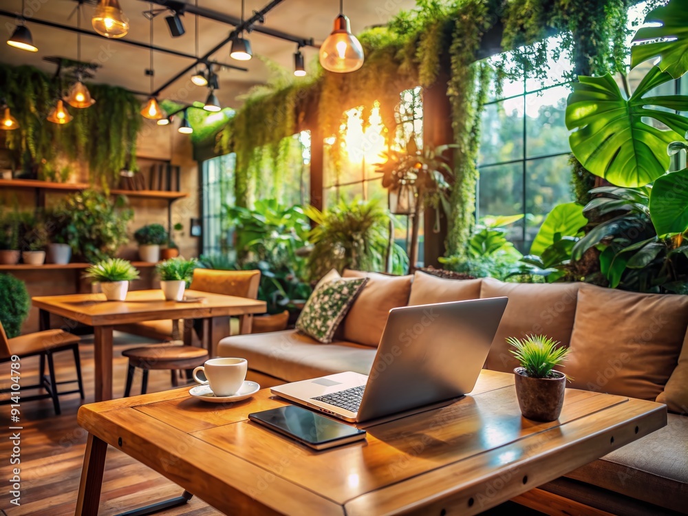 Warmly lit coffee shop interior with a laptop and scattered notes on a wooden table, surrounded by comfy couches and lush greenery, evoking flexibility and creativity. Warmly lit coffee shop interior with a laptop and scattered notes on a wooden table, surrounded by comfy couches and lush greenery, evoking flexibility and creativity.