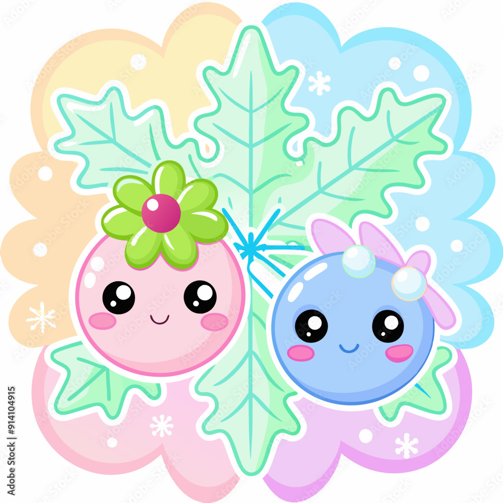 Cute Cartoon Winter Berries and Leaves in Pastel Colors Cute Cartoon Winter Berries and Leaves in Pastel Colors